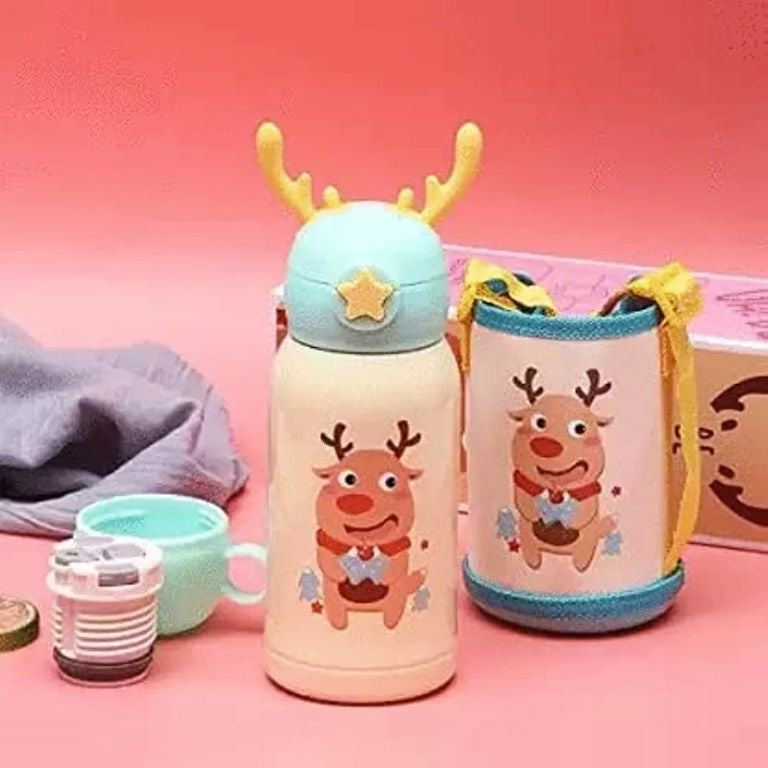 Deer Horns Cap Sipper Double Wall Hot and Cold Steel Water Bottle with Cover