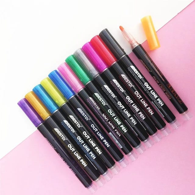 Glitter Outline Marker Pens -Set Of 12 Marker Pens