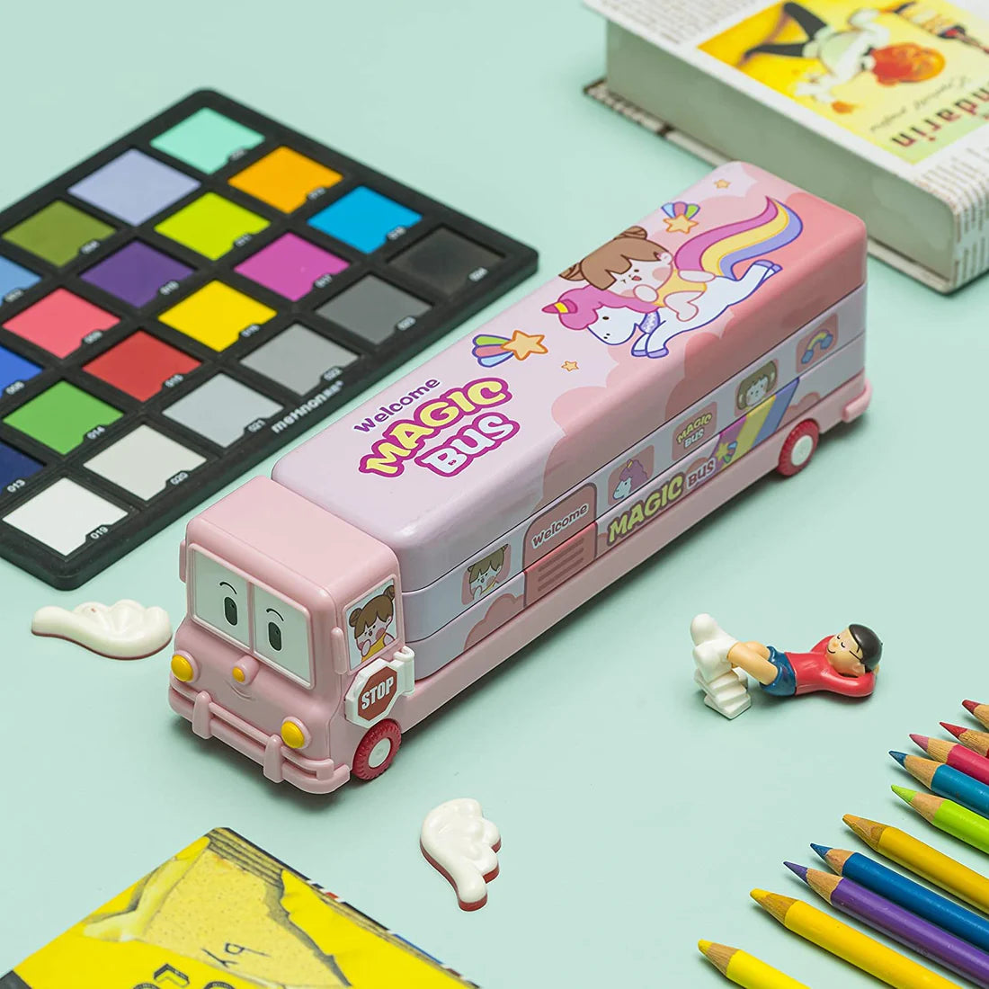 Double Decker Metal Pencil Case with Wheels