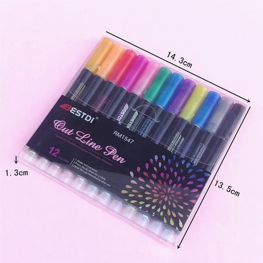 Glitter Outline Marker Pens -Set Of 12 Marker Pens